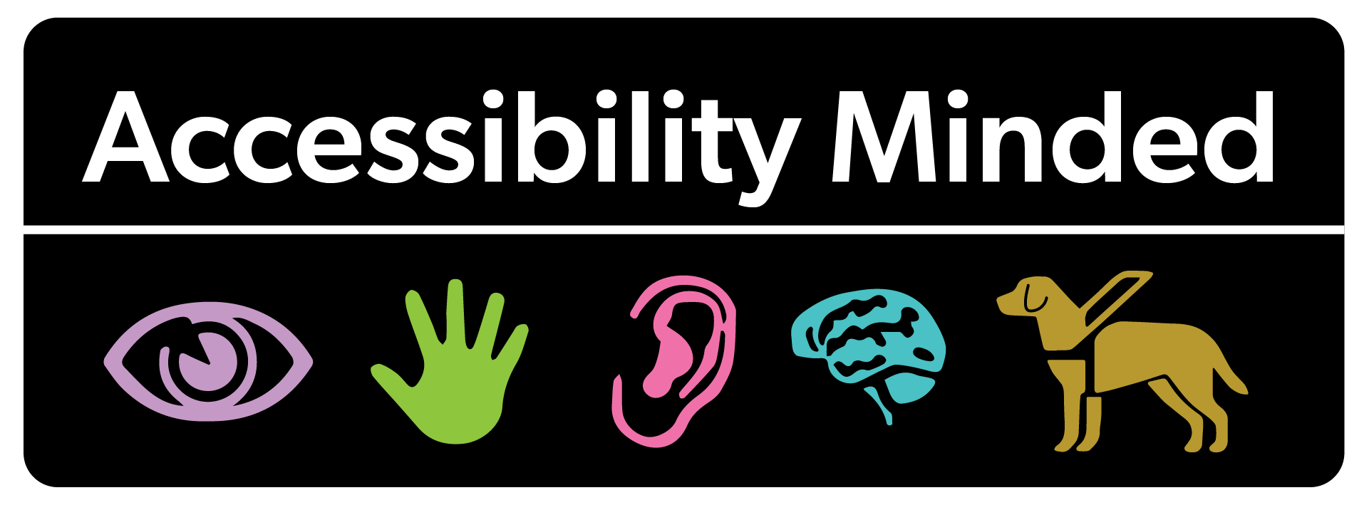 Logo. A series of icons: eye, hand, ear, brain, service dog under the words Accessibility Minded.