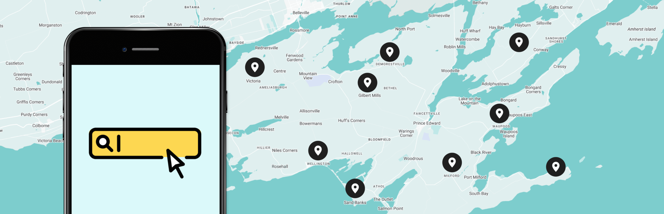 A graphical illustration of a map with pins and directory with a mobile smartphone.